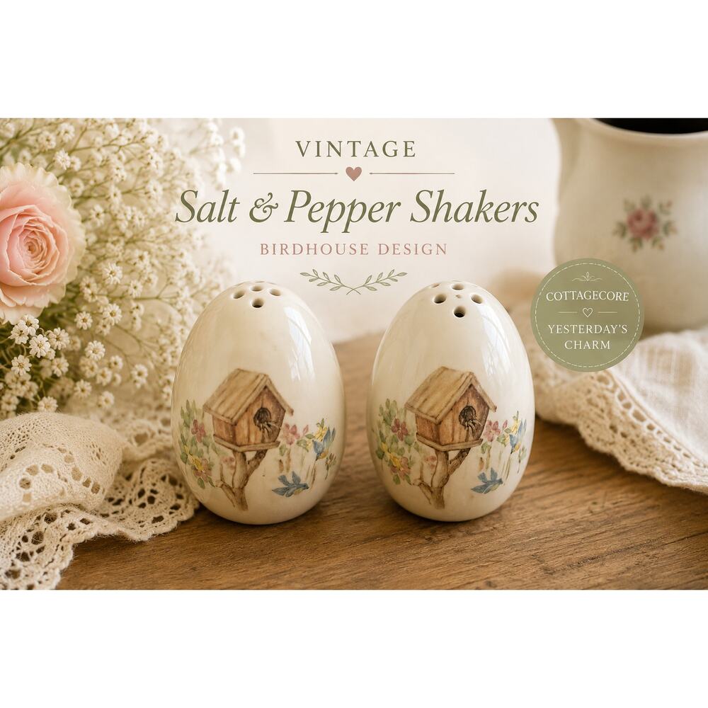 Vintage Birdhouse Salt & Pepper Shakers Ceramic Egg  Cottagecore Kitchen Decor
